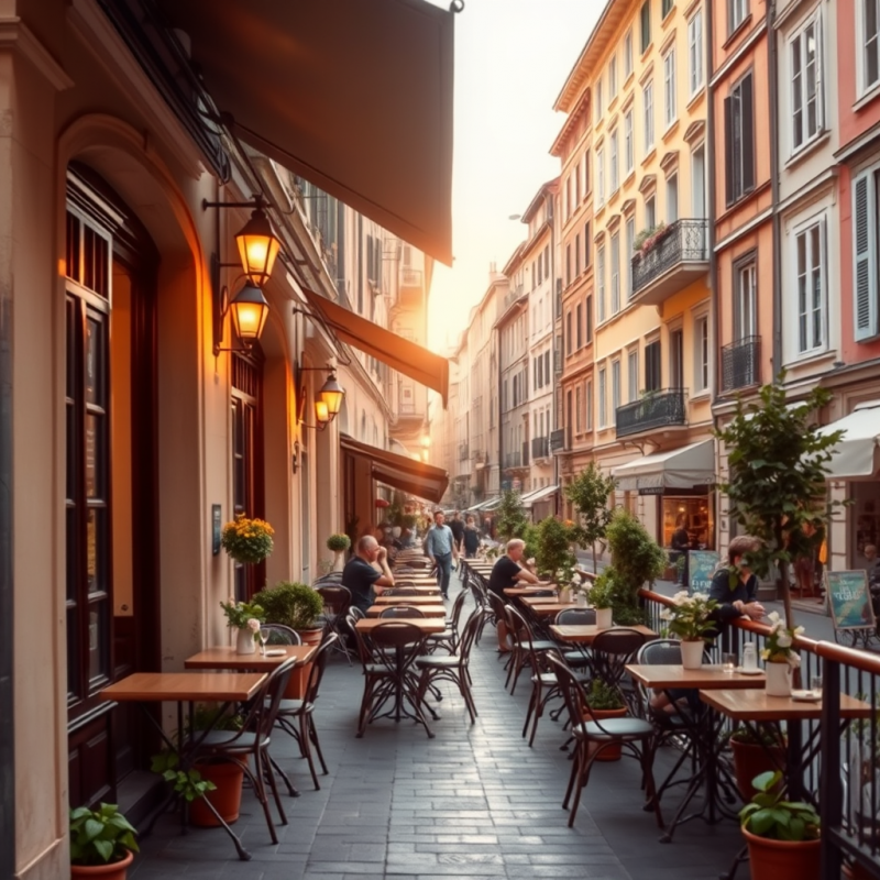 Cozy Cafe Terrace in European Old Town Authentic