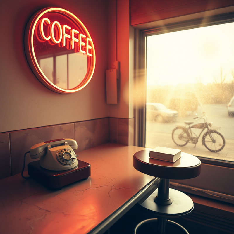 Cozy Vintage Coffee Shop Corner Bathed in Warm Neon
