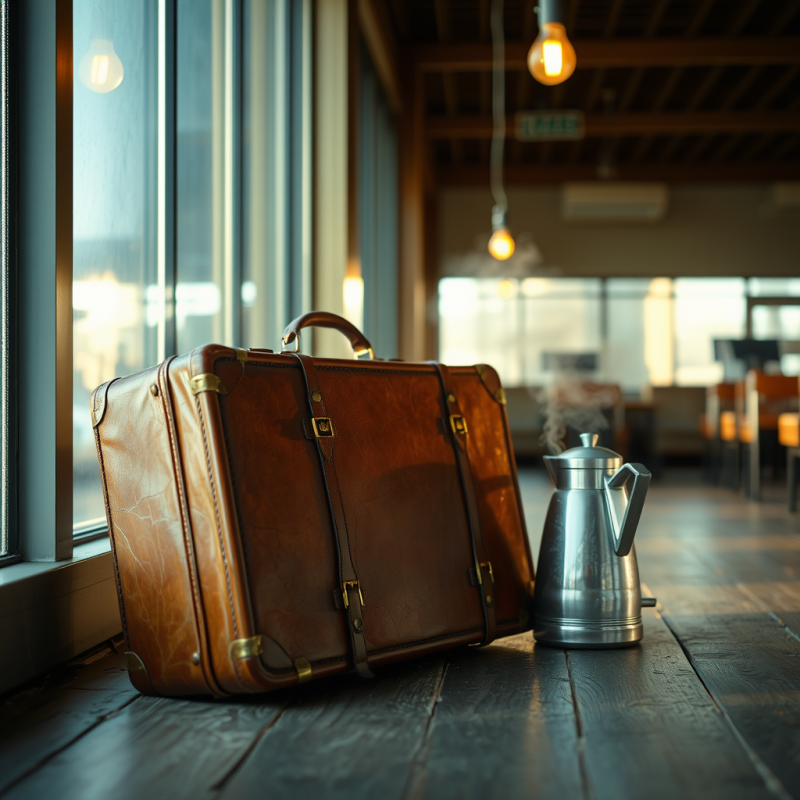 Cracked 1960s Leather Travel Suitcase with Brass Latche...
