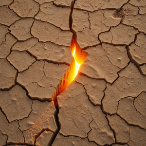 Cracked Desert Earth With Golden Light Seeping Through De...