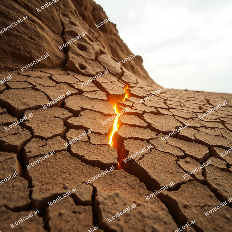 Cracked Desert Earth With Golden Light Seeping Through De...