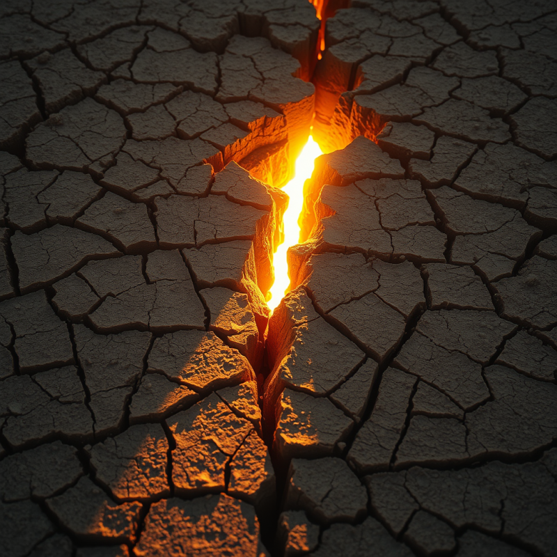 Cracked Desert Earth with Golden Light Seeping Through De...