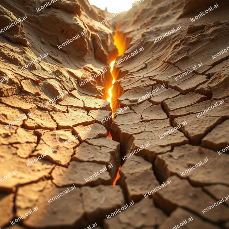 Cracked Desert Earth With Golden Light Seeping Through De...