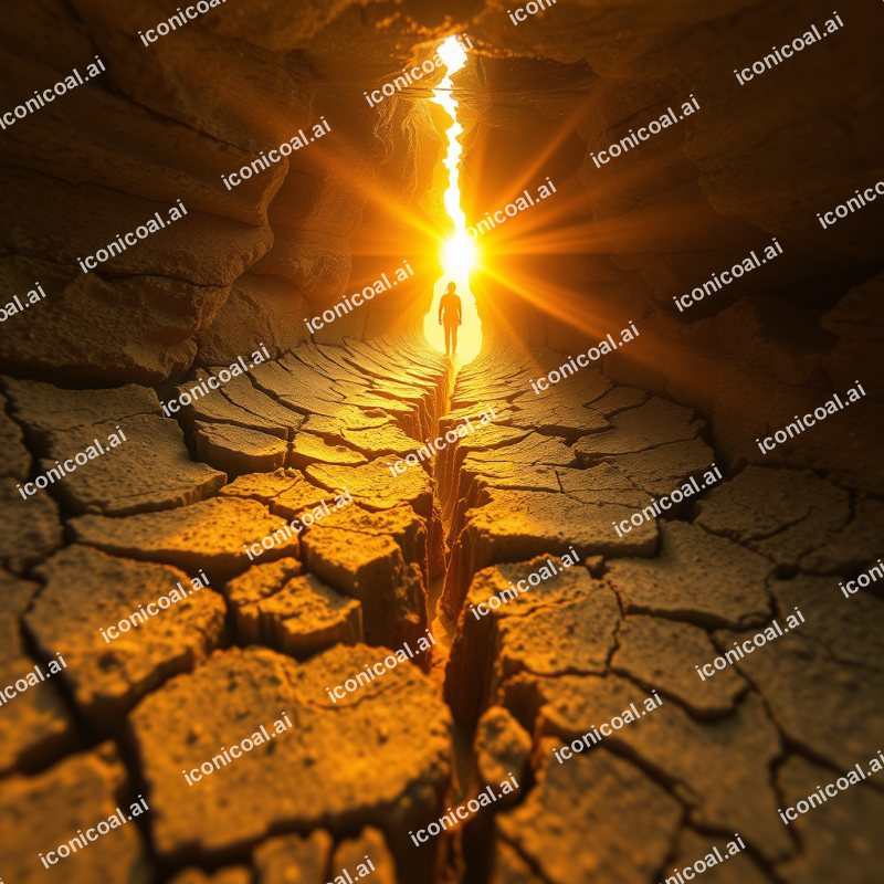 Cracked Desert Earth With Golden Light Seeping Through De...