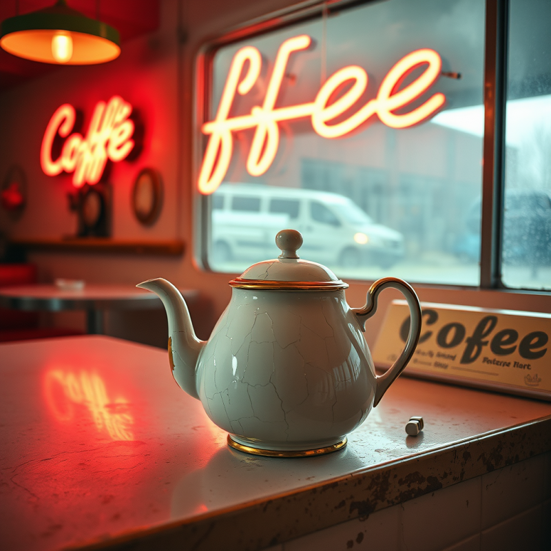 Cracked Porcelain Teapot with Chipped Gold Trim Sits At...