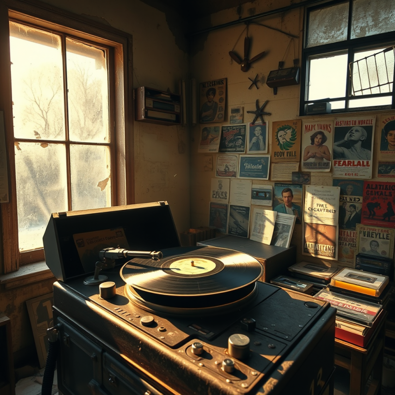 Cracked Vinyl Record Spinning on a 1960s Rotary Phonograph