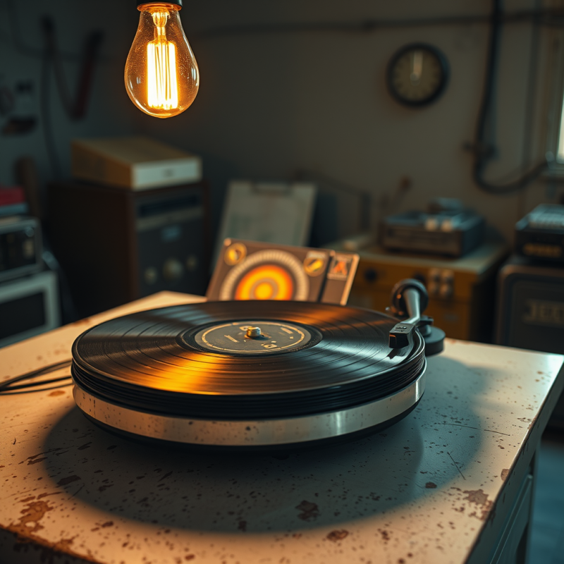 Cracked Vinyl Record Spinning on a Dusty 1960s Turntable
