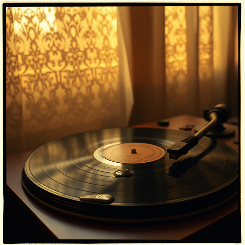 Cracked Vinyl Record Spinning Slowly on a Wooden Turntable