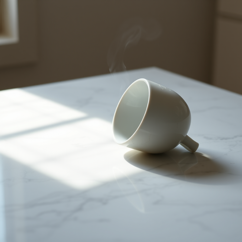 Cracked White Ceramic Mug Emitting Steam Rests on a