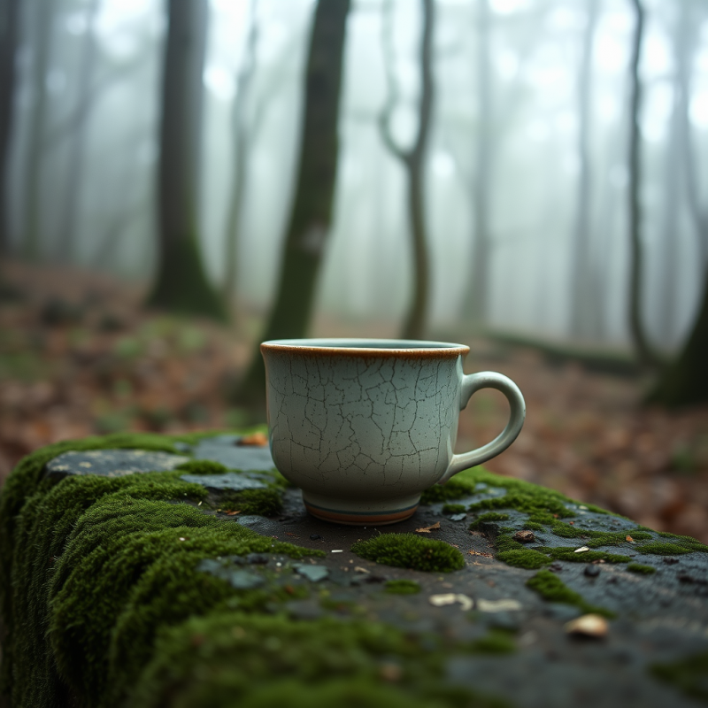 Crackled Ceramic Mug Rests on a Moss-covered Stone