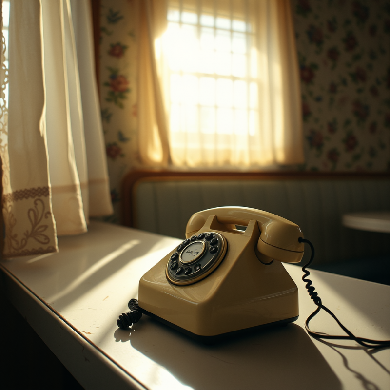 Cream-colored Rotary Phone Rests on a Sunlit Table