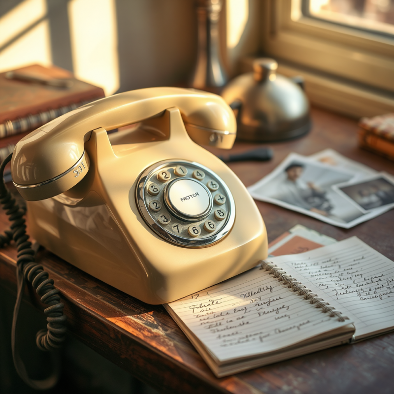 Cream-colored Rotary Telephone Sits on a Wooden Desk