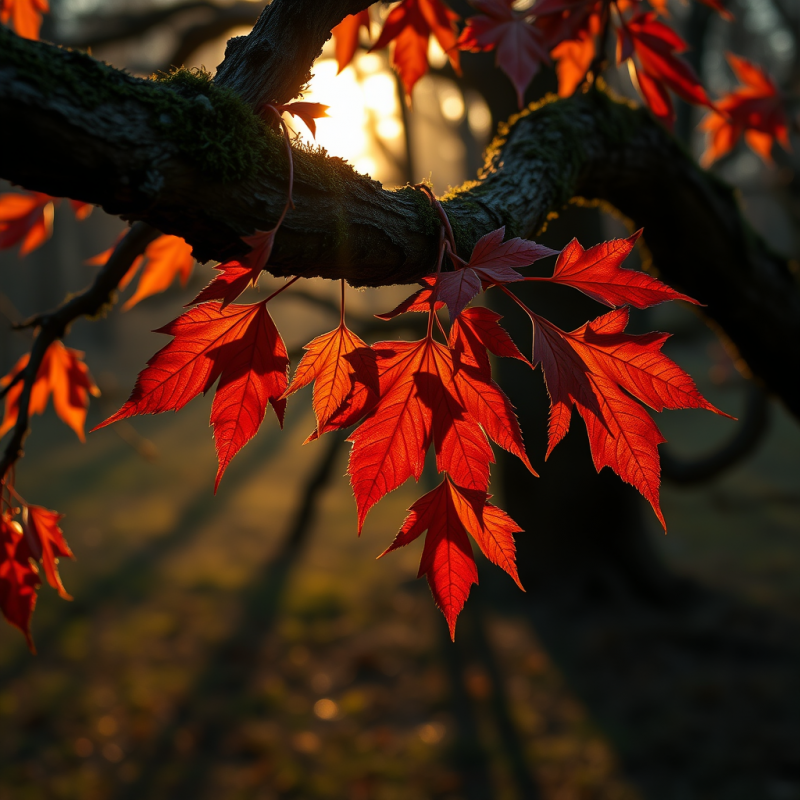 Crimson and Gold Autumn Leaves Clinging to a Gnarled