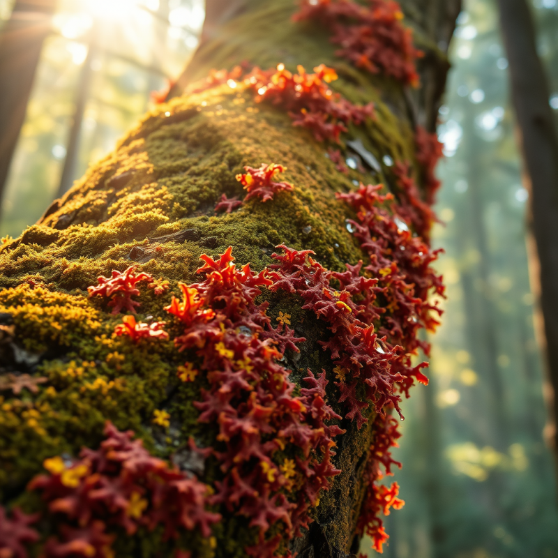 Crimson and Gold Lichen Cascading Like Living Silk Over A...