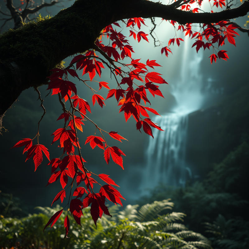 Crimson Autumn Leaves Clinging to a Gnarled
