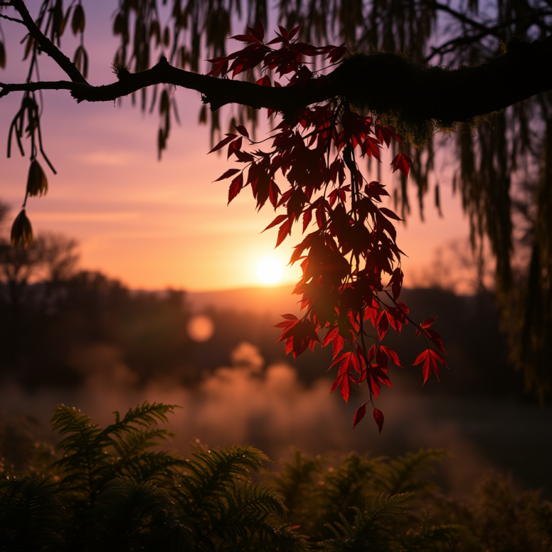 Crimson Autumn Leaves Clinging to a Gnarled
