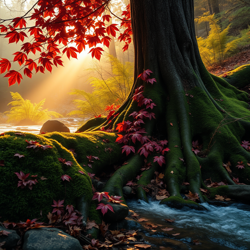 Crimson Autumn Leaves Clinging to Moss-covered Tree Roots...