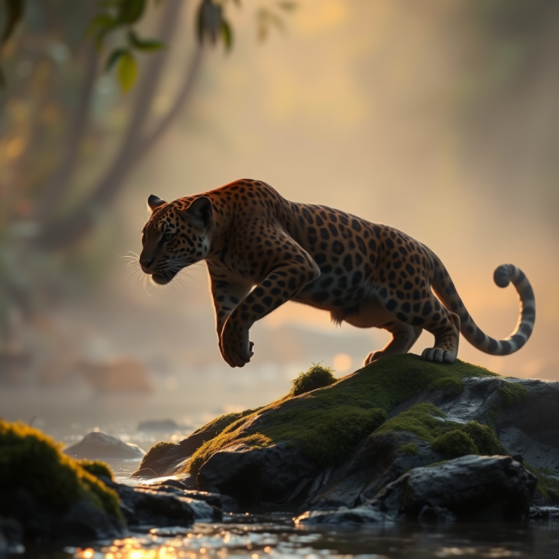 Crimson-brown Jaguar with Dew-dripping Fur Crouches Mid...