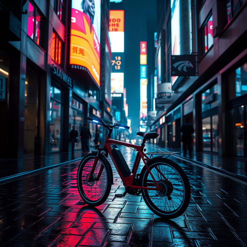 Crimson Electric Bicycle with Glowing Neon-blue Handleb...