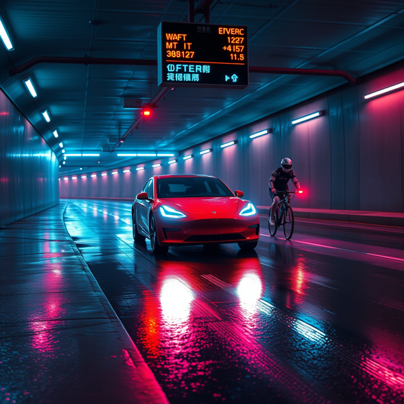 Crimson Electric Car with Glowing Teal Underglow Headli...