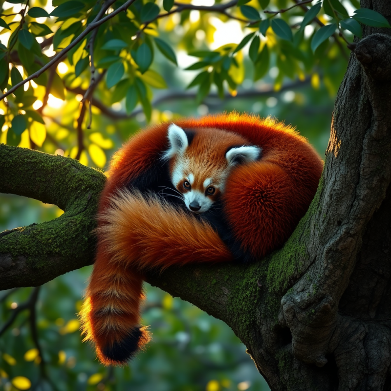 Crimson-furred Red Panda Curls Sideways on a Moss-drape...