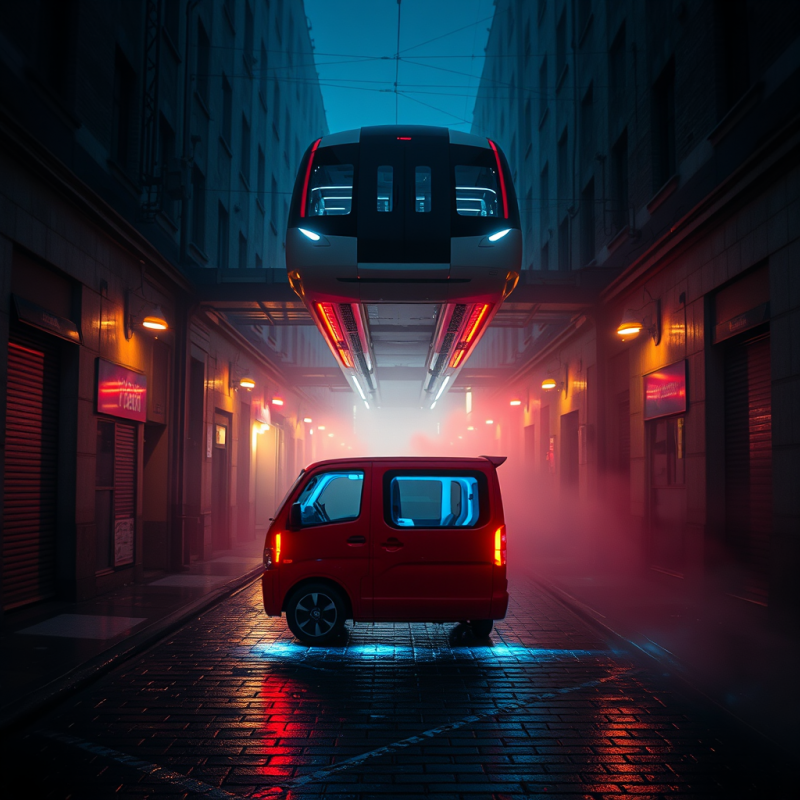 Crimson Hydrogen Fuel Cell Van Glides Through a Misty