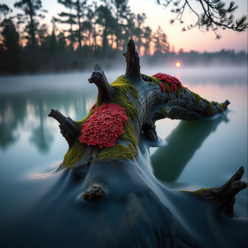 Crimson Lichen Clinging to Ancient Moss-covered Driftwood...