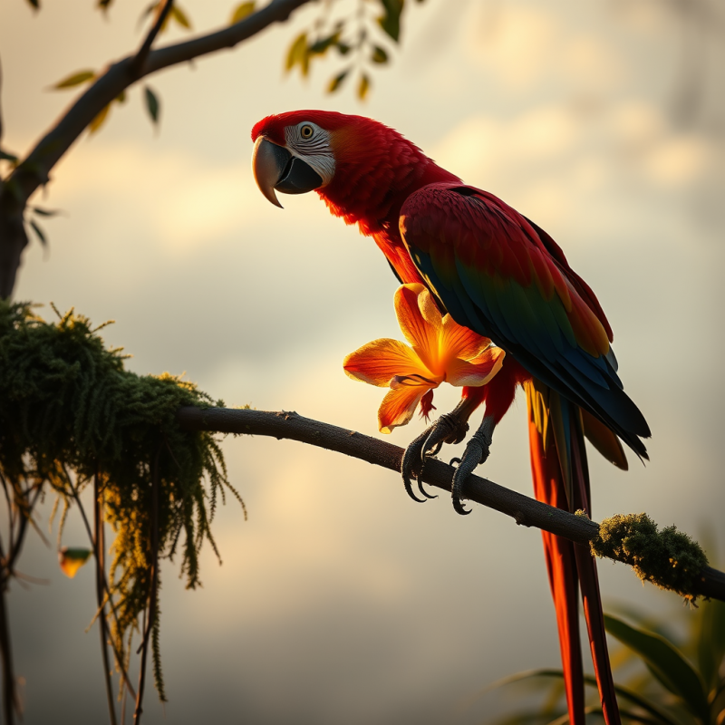 Crimson Macaw Perched Precariously on a Moss-draped Bra...
