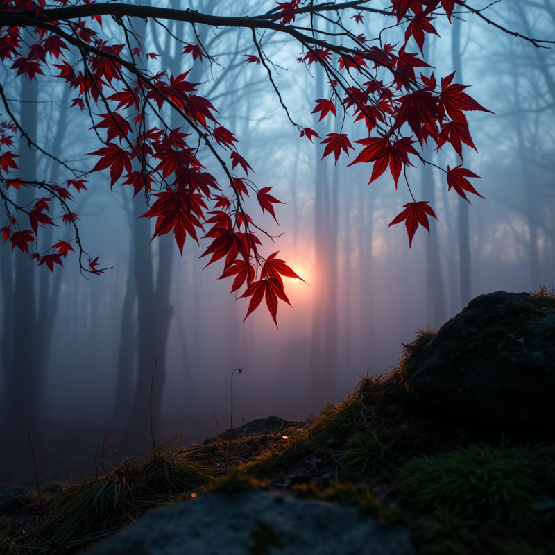 Crimson Maple Leaves Clinging to Bare Branches Arch Over ...