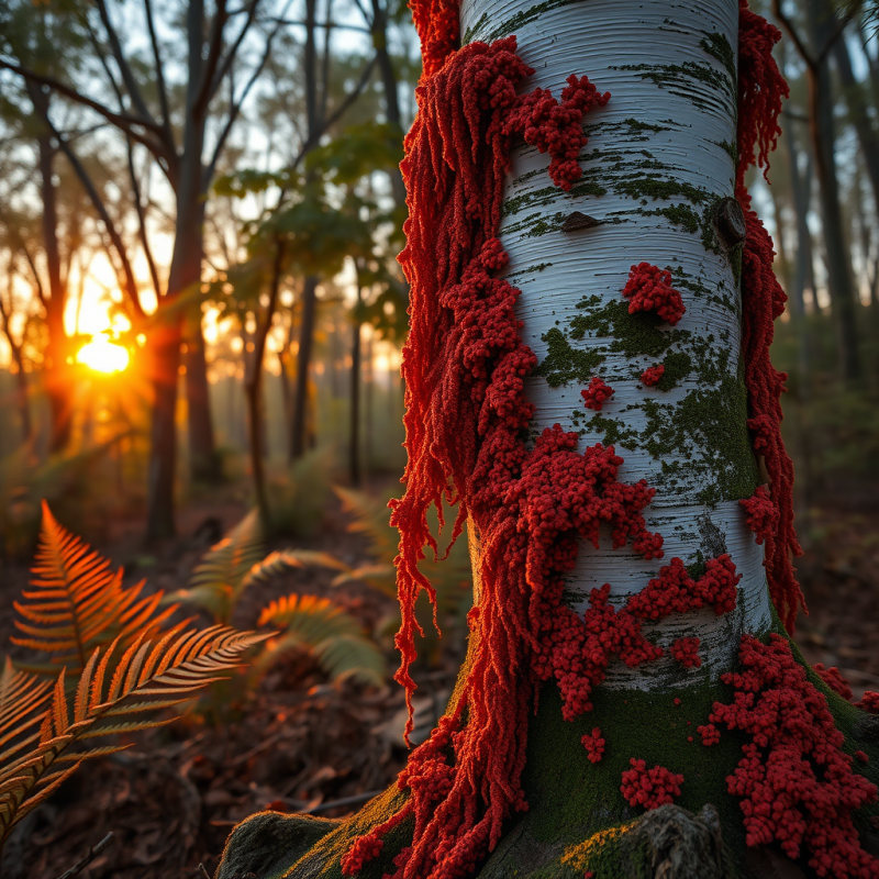 Crimson-orange Lichen Cascading Down the Mossy Bark of An...