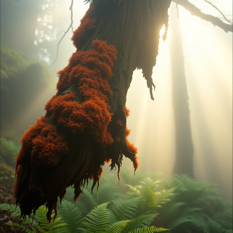 Crimson-orange Moss Clinging to the Underside of a Suspen...