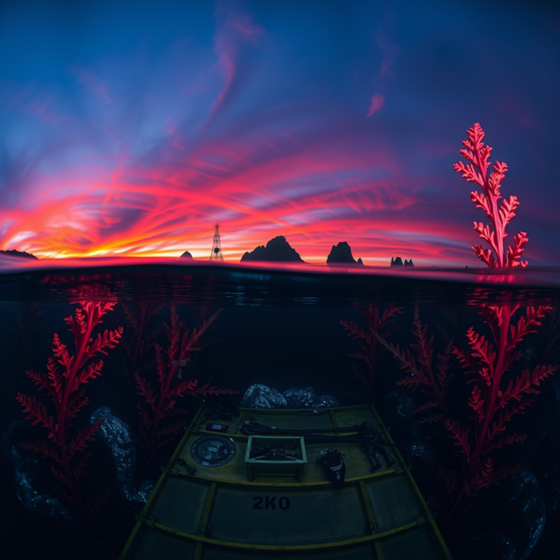 Crimson-tinged Kelp Forests Beneath an Inverted Twilight Sky