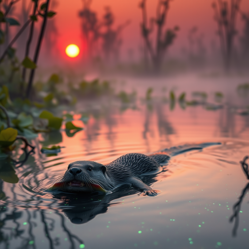 Crimson-tinted Twilight in a Misty Mangrove Swamp