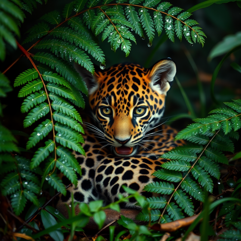 Crimson-tongued Jaguar Cub Curls Beneath a Dripping Eme...