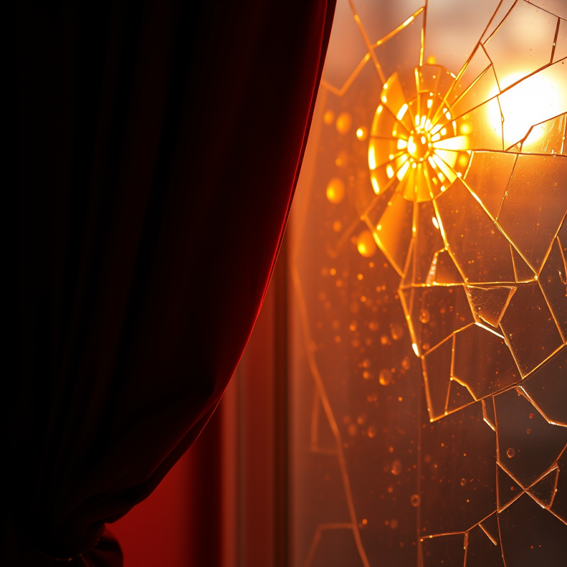 Crimson Velvet Curtain Draped Over a Fractured Glass Wind...