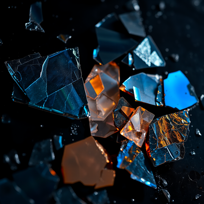 Shattered Glass Fragments with Blue and Orange Glow