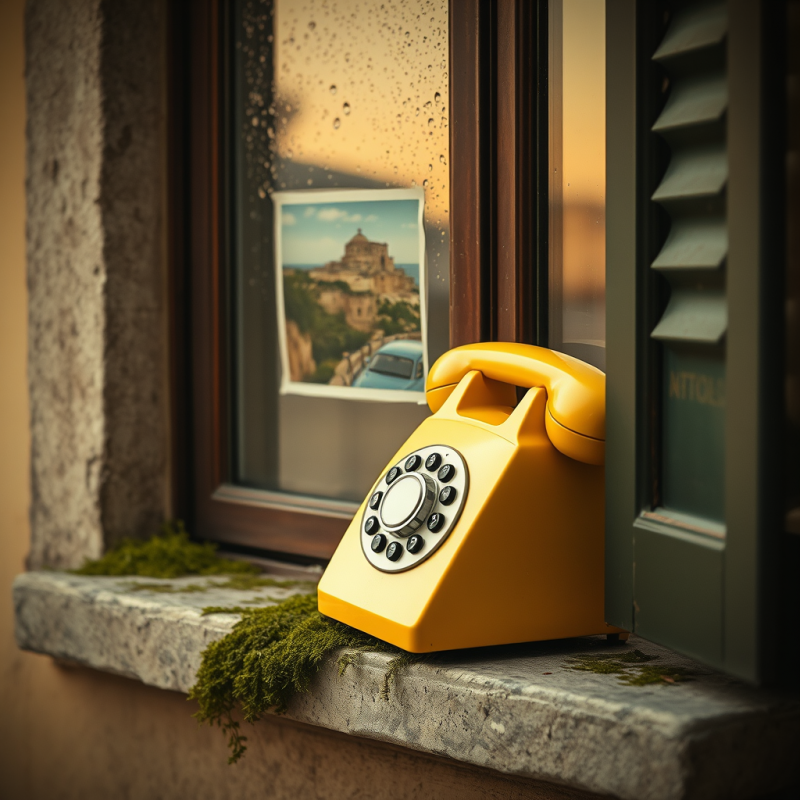 Crookedly Leaning 1960s Yellow Rotary Telephone on a Mo...