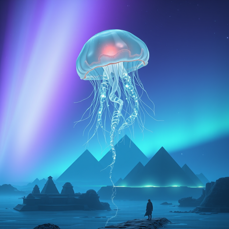 Crystalline Alien Jellyfish with Bioluminescent Veins P...