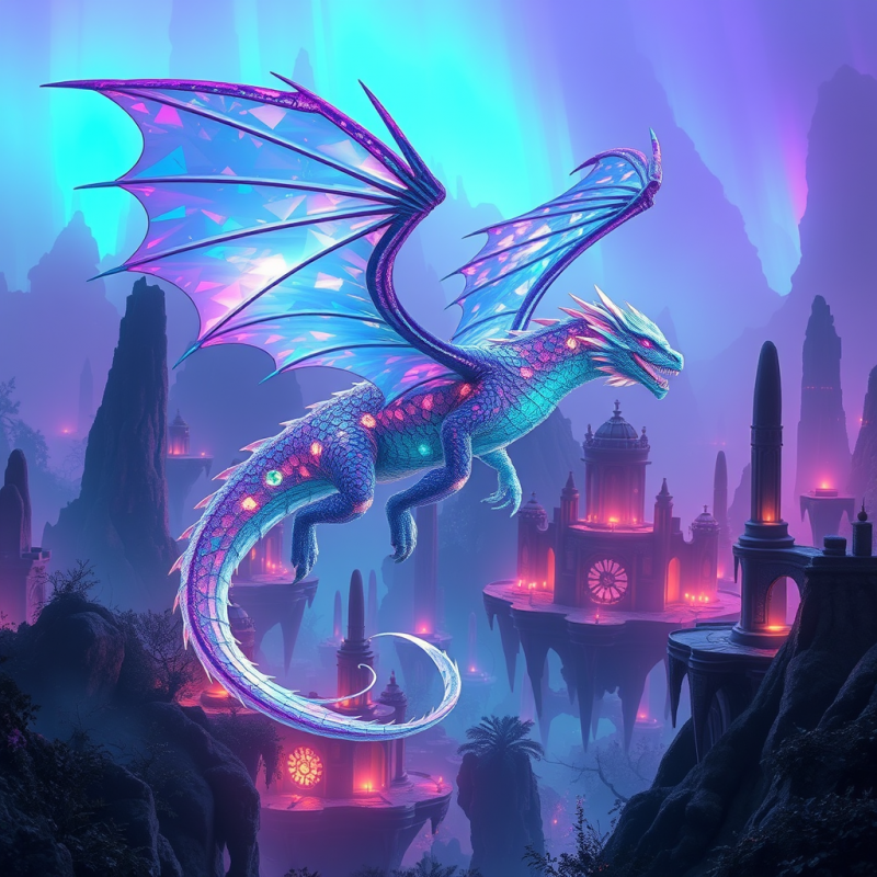 Crystalline Dragon with Iridescent Scales Glides Throug...