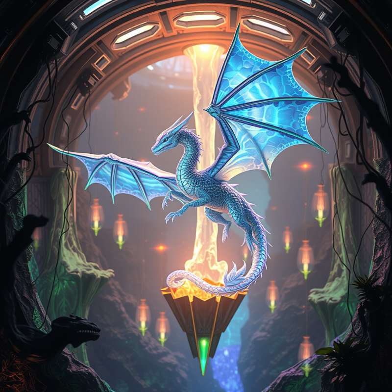 Crystalline Dragon with Iridescent Scales Glides Throug...