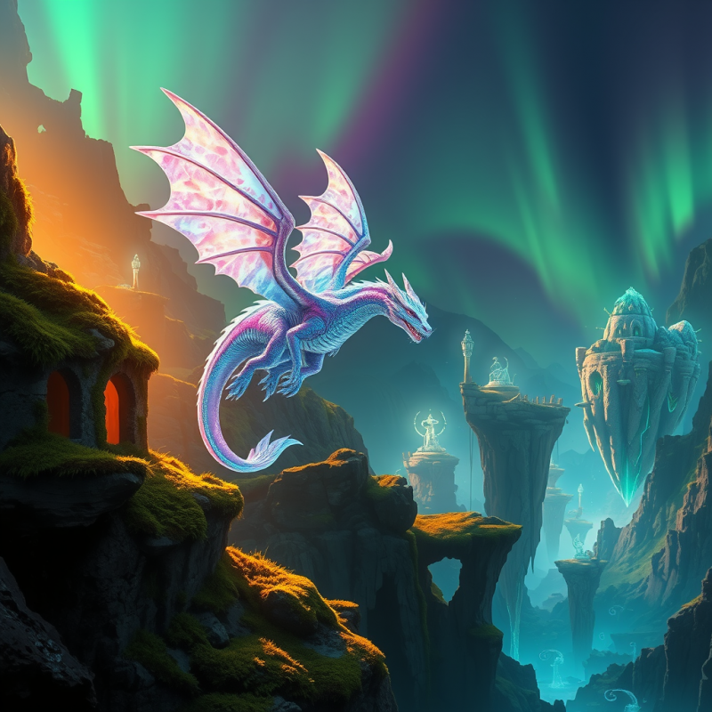 Crystalline Dragon with Iridescent Scales Glides Throug...