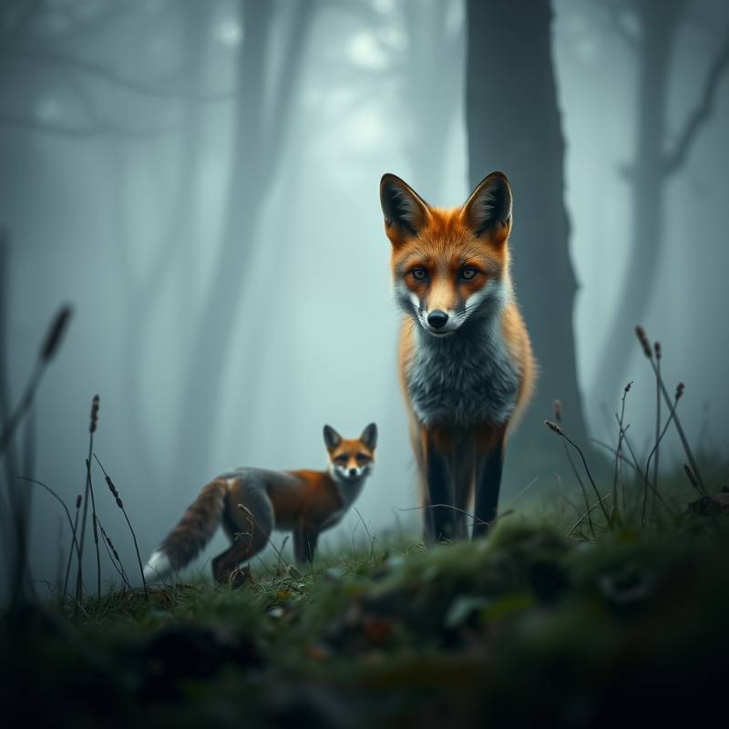 Curious Fox in Misty Forest Clearing