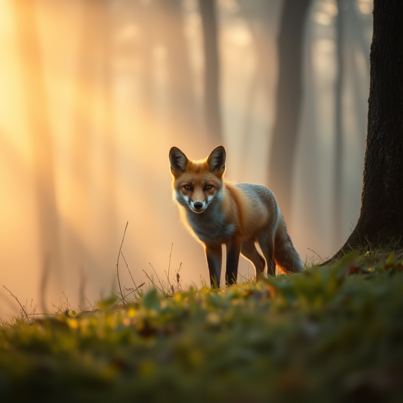 Curious Fox in Misty Forest Clearing