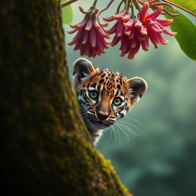 Curious Jaguar Cub Peeks from Behind a Mossy Tree