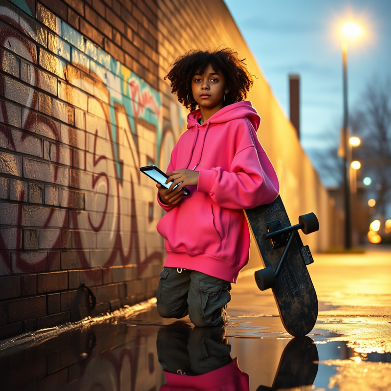 Curly-haired Teenager in a Neon-pink Oversized Hoodie L...
