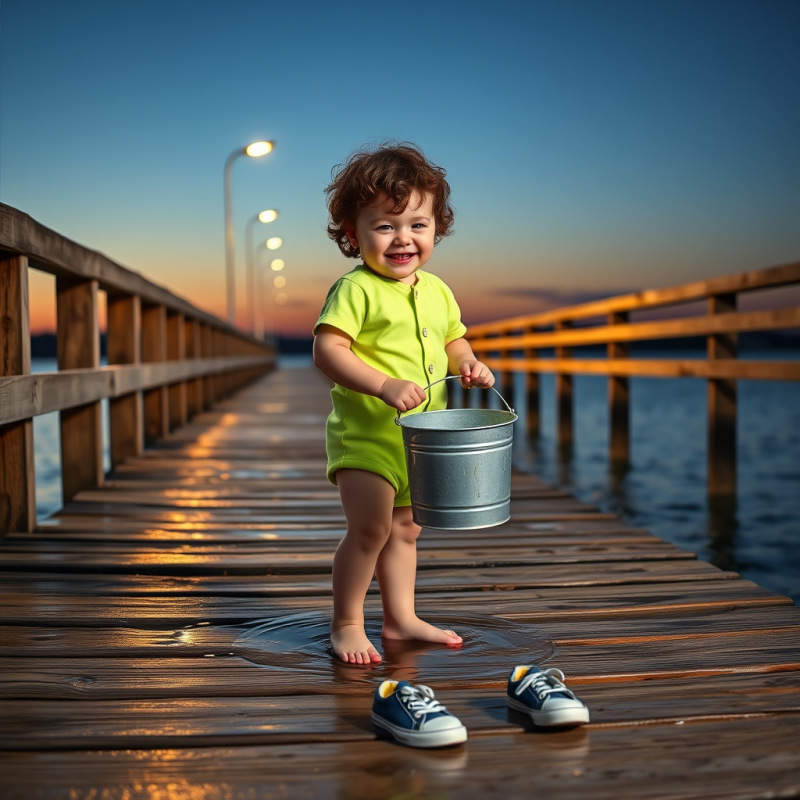 Curly-haired Toddler in a Neon Green Onesie Stands on A...