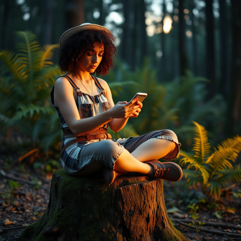 Curly-haired Woman in a Mismatched Thrifted Outfit Sits...