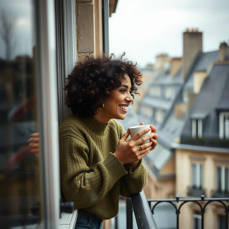Curly-haired Woman in a Moss-green Sweater Leans Out Of...
