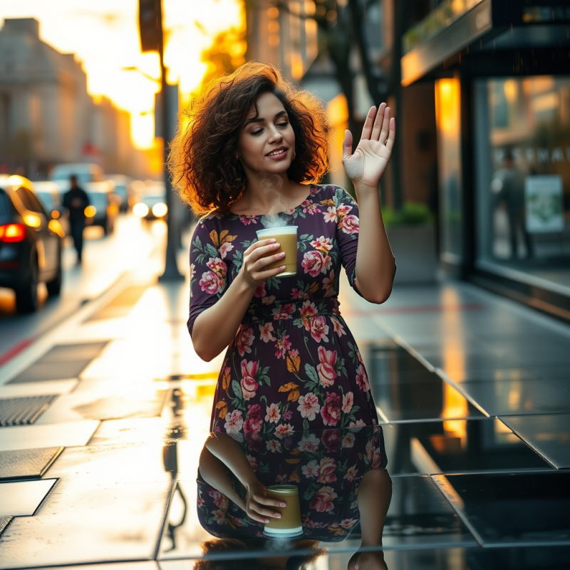 Curly-haired Woman in a Retro 70s Floral Dress Balances...