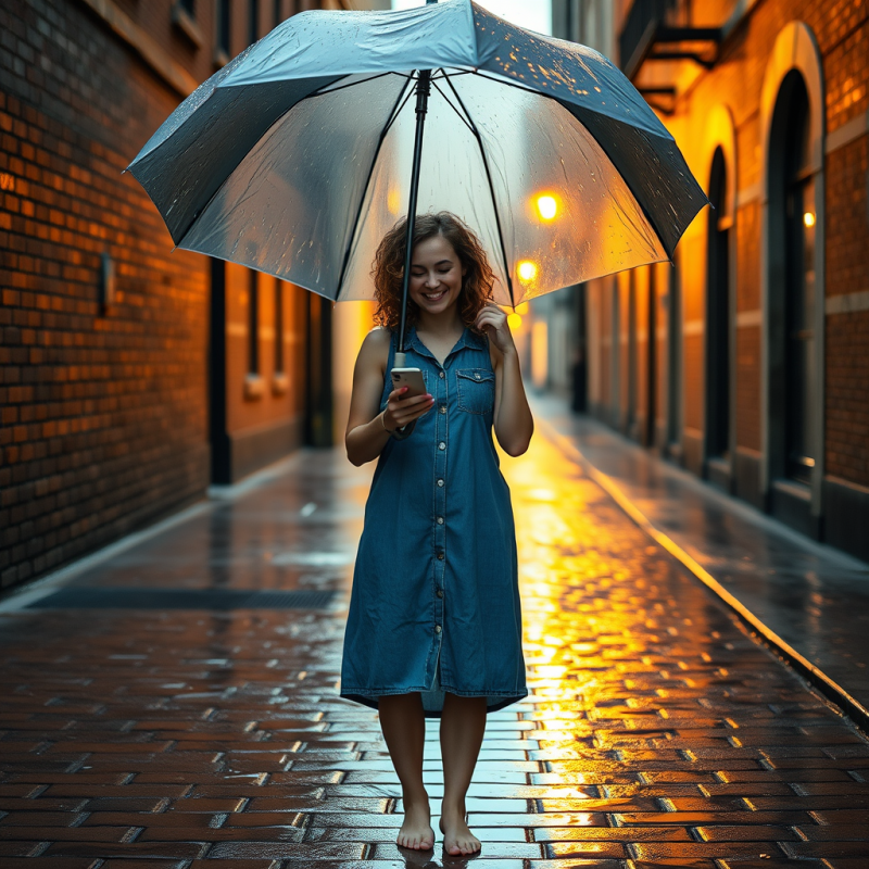Curly-haired Young Woman in a Faded Denim Dress Stands ...
